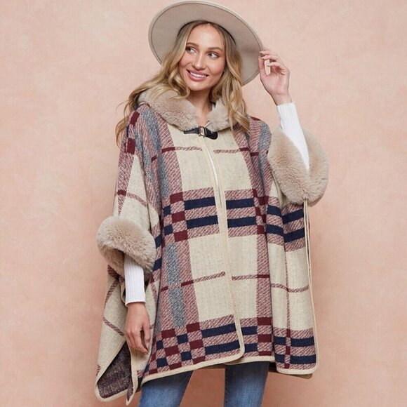 On Blue Women's Poncho Faux Fur Hooded Wrap Cape Size L/XL Plaid Arm Holes Boho - Picture 1 of 16